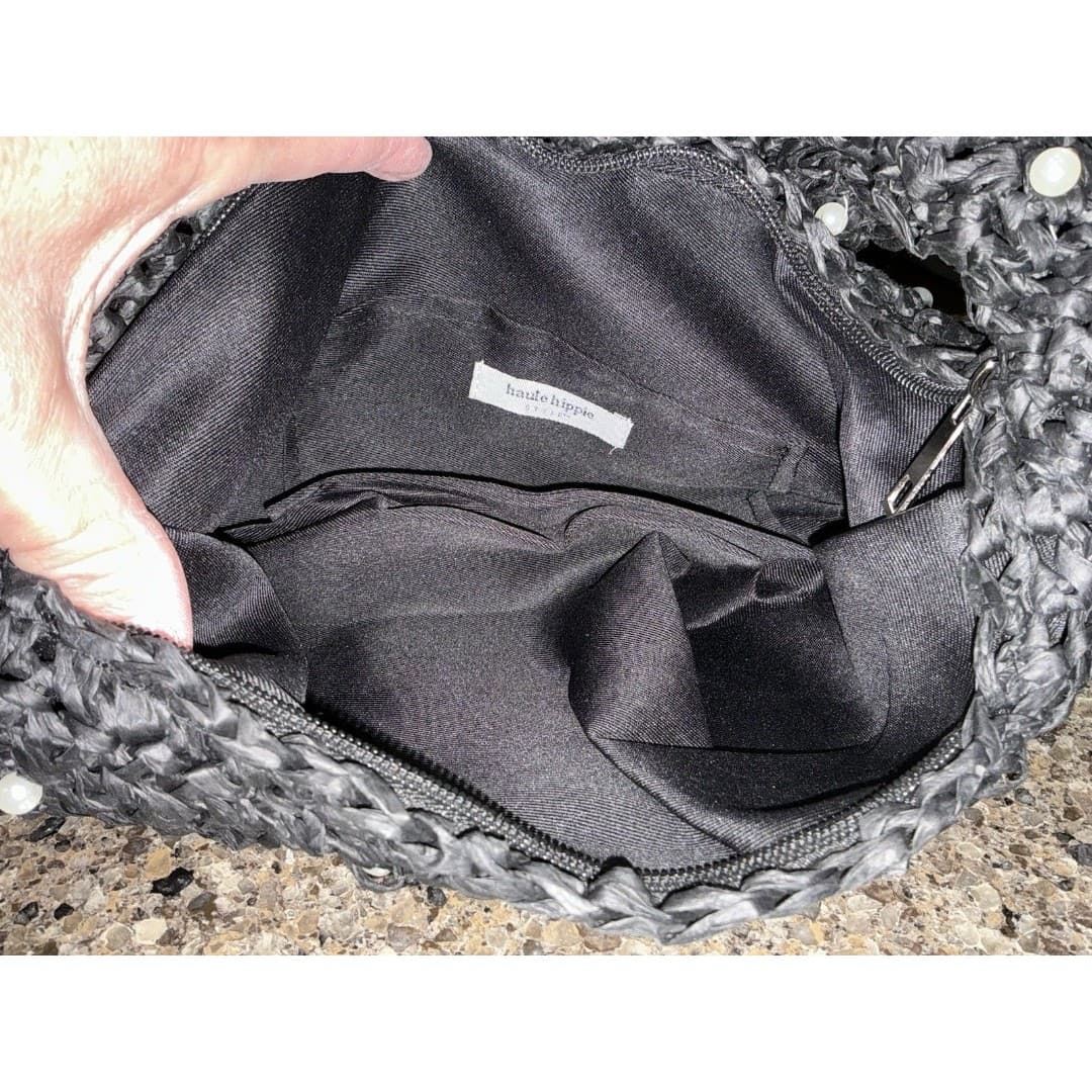 NWT Haute Hippie Beaded Hobo Bag Black with Pearl Accents Women's Handbag - Thumbnail 5