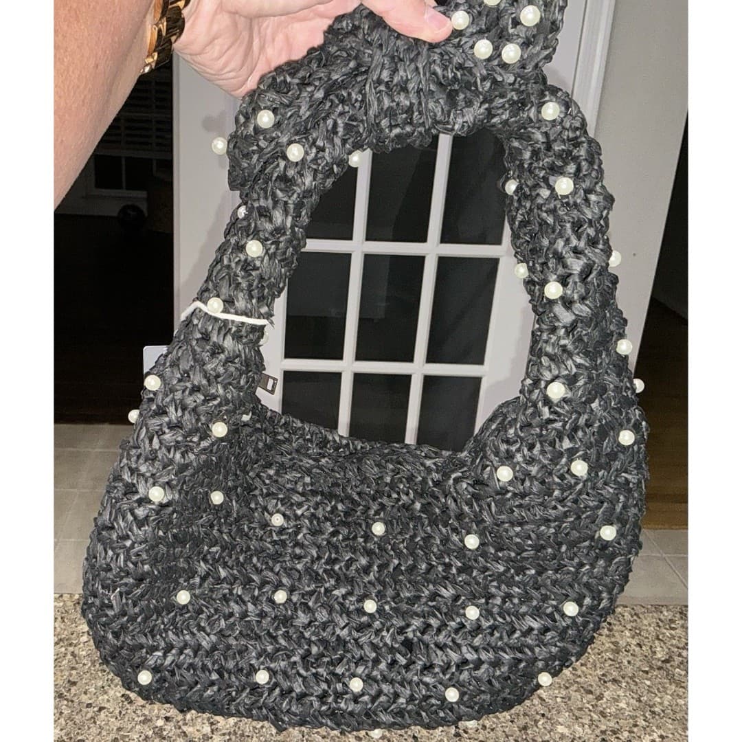 NWT Haute Hippie Beaded Hobo Bag Black with Pearl Accents Women's Handbag - Thumbnail 7