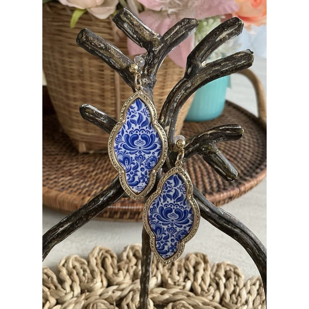 Beautiful Blue White Gold Paisley Style Tuscany Dangle Earrings - Thumbnail 2