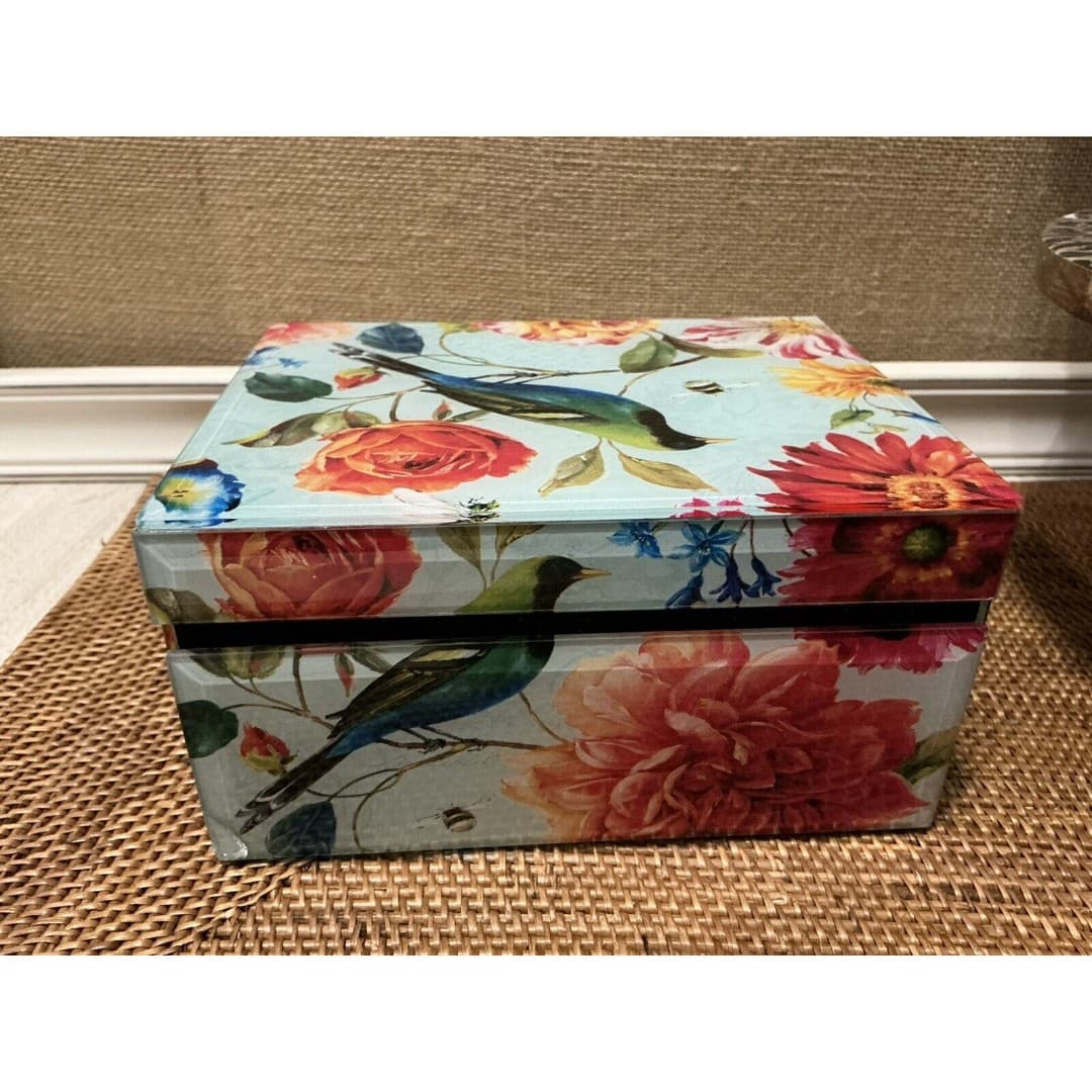 Vtg Beautiful Glass BIrd Floral Square Trinket Jewelry Box Beveled Edges - Thumbnail 5