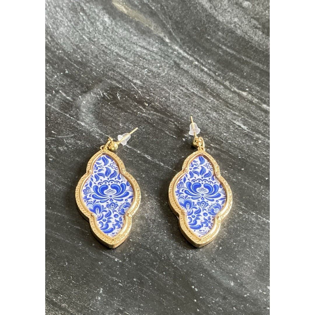 Beautiful Blue White Gold Paisley Style Tuscany Dangle Earrings - Thumbnail 3