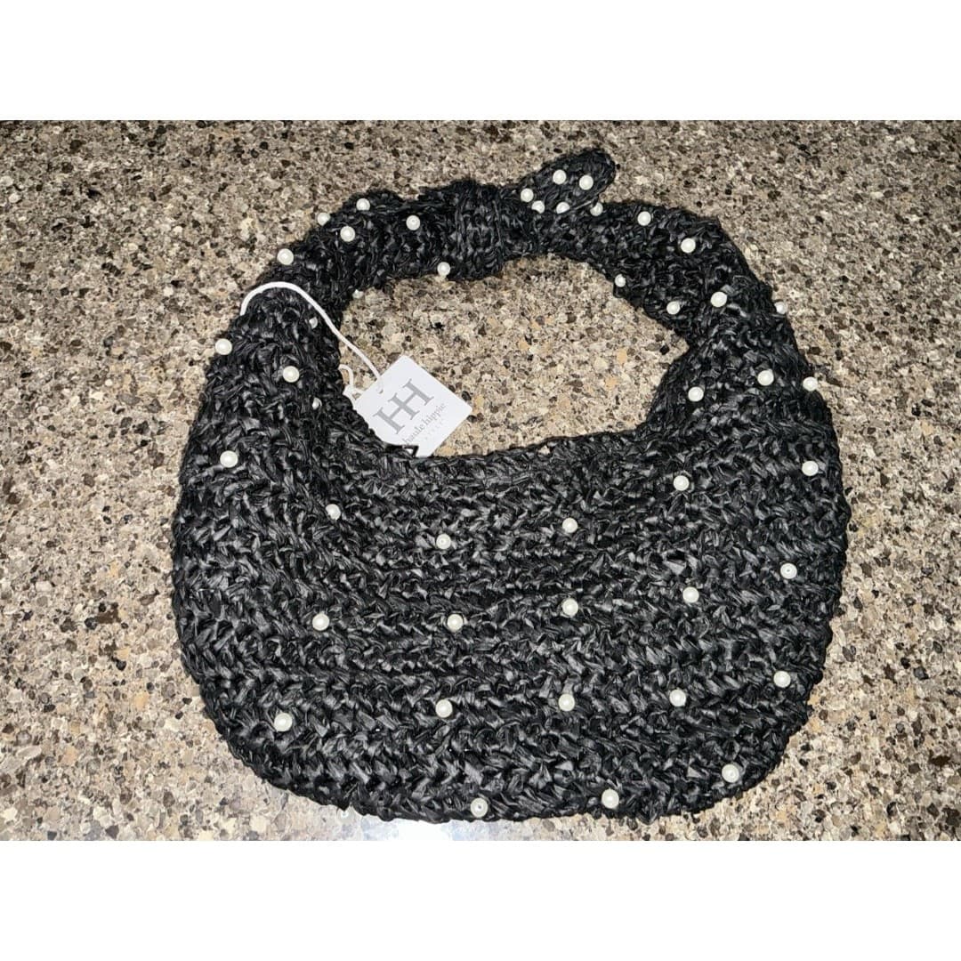 NWT Haute Hippie Beaded Hobo Bag Black with Pearl Accents Women's Handbag - Thumbnail 4