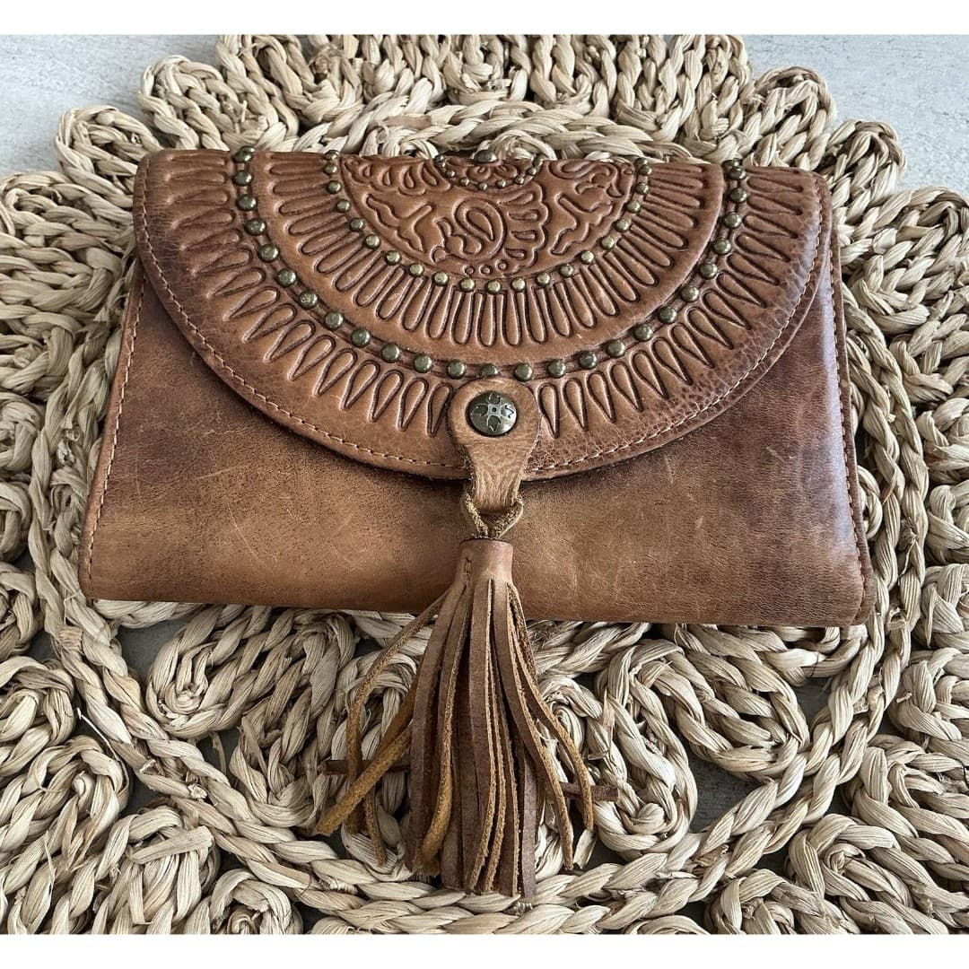 Patricia Nash Brown Leather Trifold Tassel Wallet W/Stud Embellishing 7.5x5.5”
