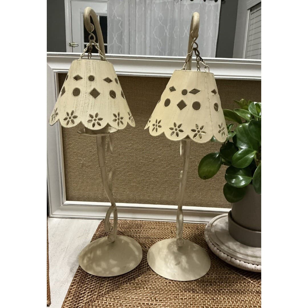 Cottage Candle Holders W/Handing Lamp Shades ~Metal /Cream - Thumbnail 7