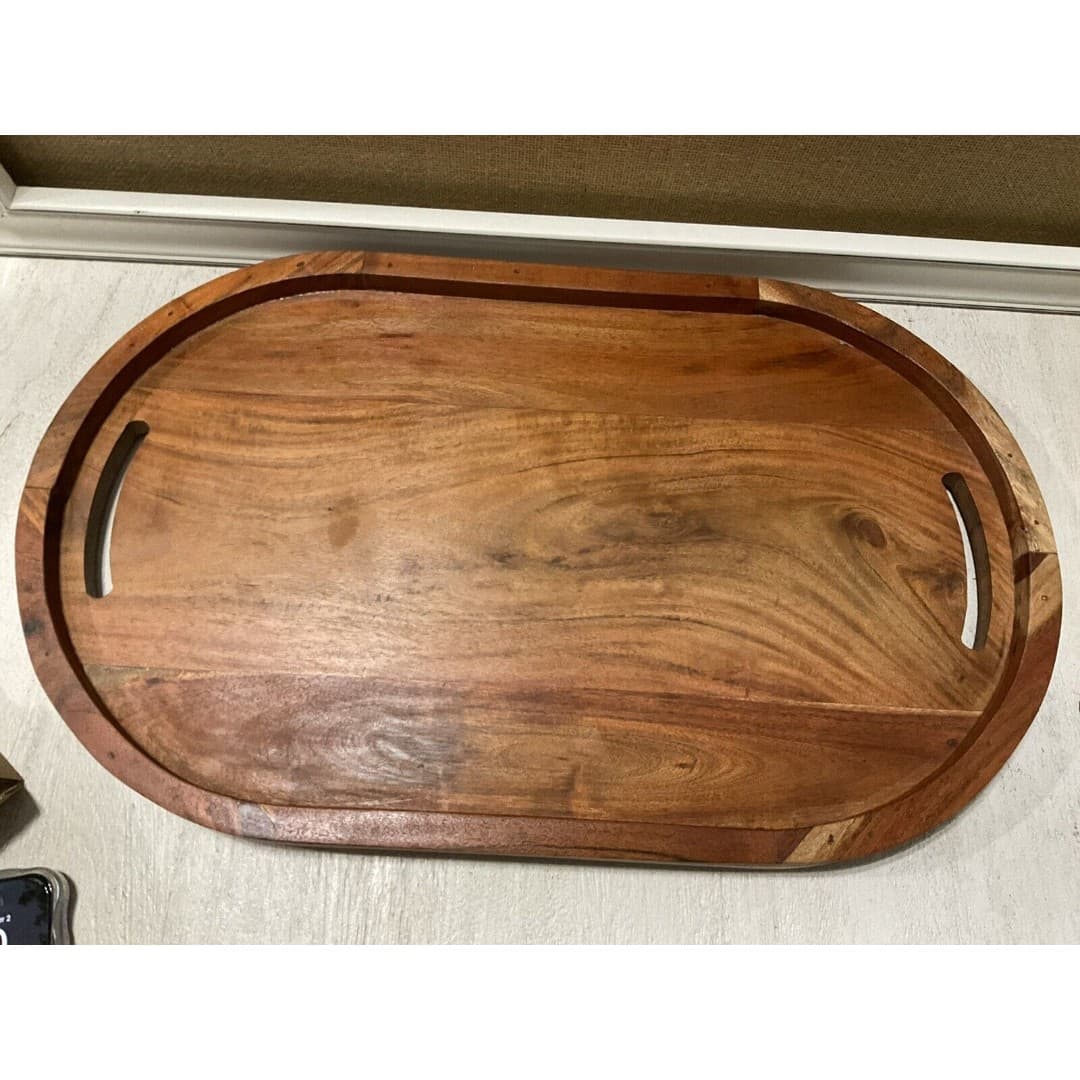 Hand Carved Large 22” Oval Wooden Tray W/ Handles Charcuterie - Thumbnail 2