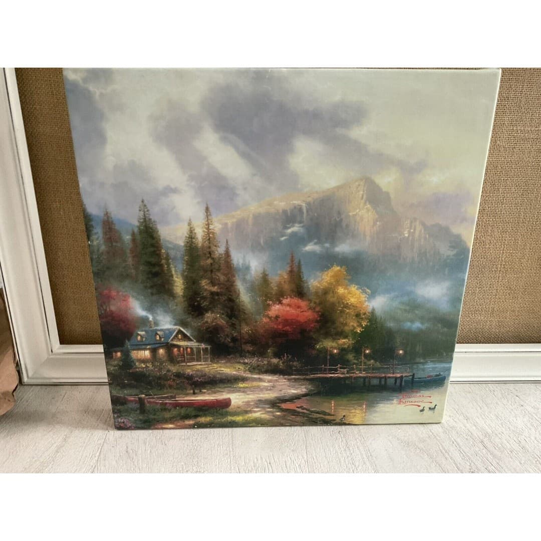 Thomas Kinkade Canvas Print Log Cabin Scene, Certificate Of Authenticity 2006