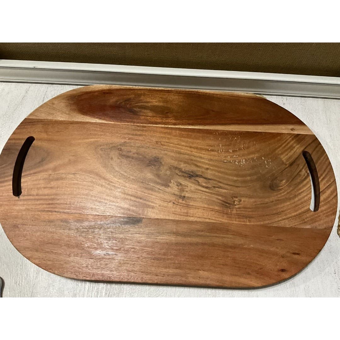 Hand Carved Large 22” Oval Wooden Tray W/ Handles Charcuterie - Thumbnail 5