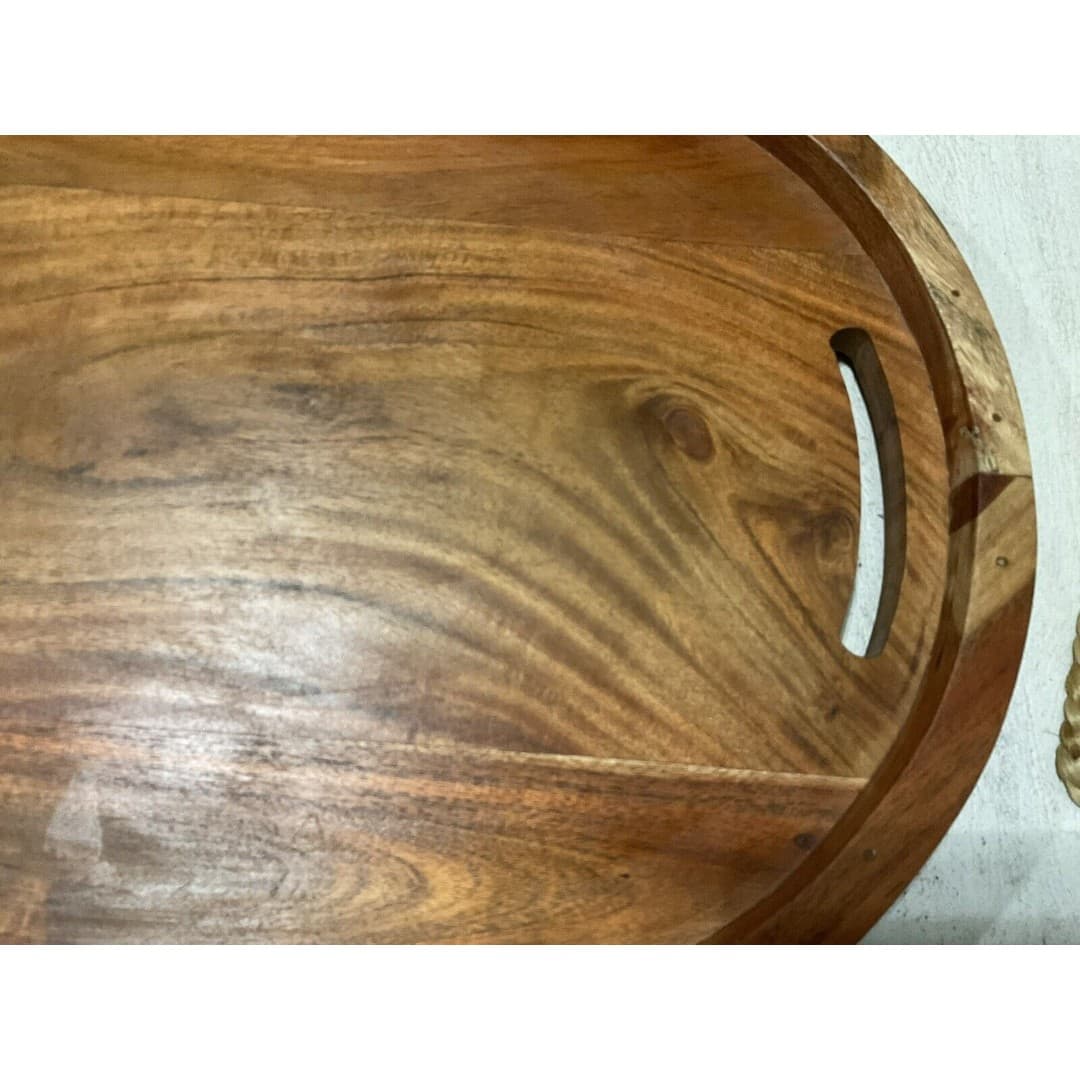 Hand Carved Large 22” Oval Wooden Tray W/ Handles Charcuterie - Thumbnail 3