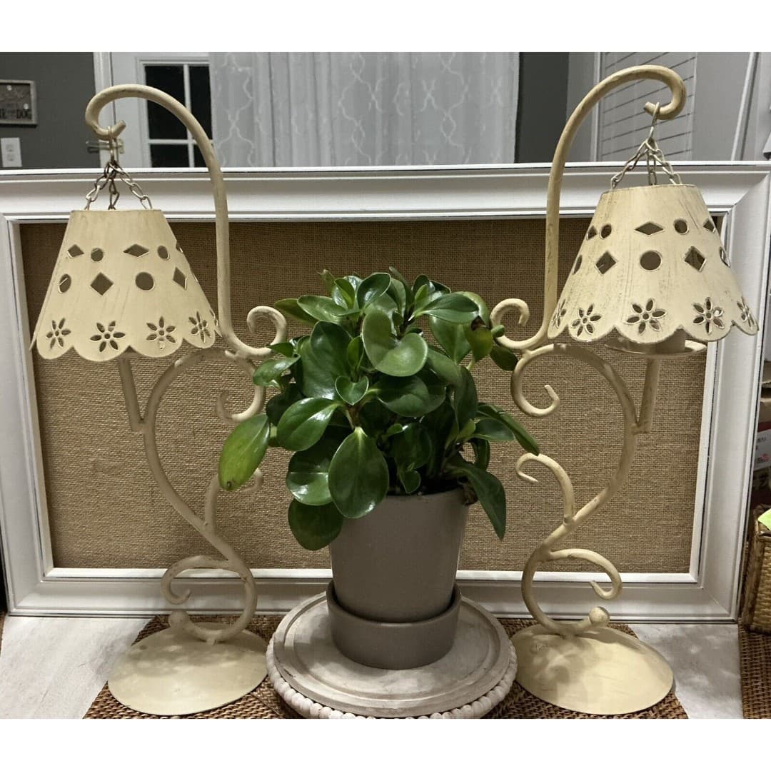 Cottage Candle Holders W/Handing Lamp Shades ~Metal /Cream - Thumbnail 6