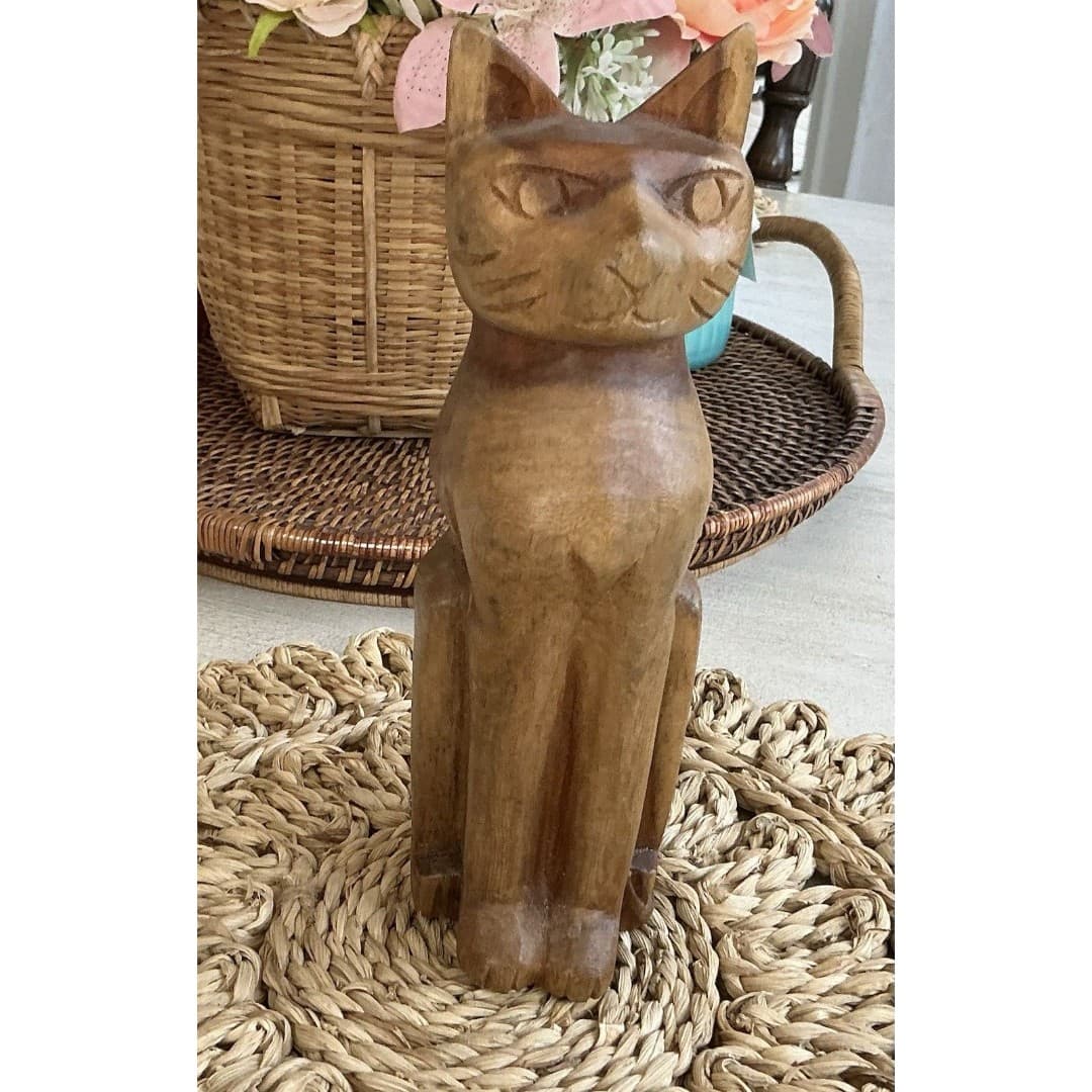 Vintage Wooden Carved Cat Figurine Statuette 9” Hand Carved Jamaica - Thumbnail 6
