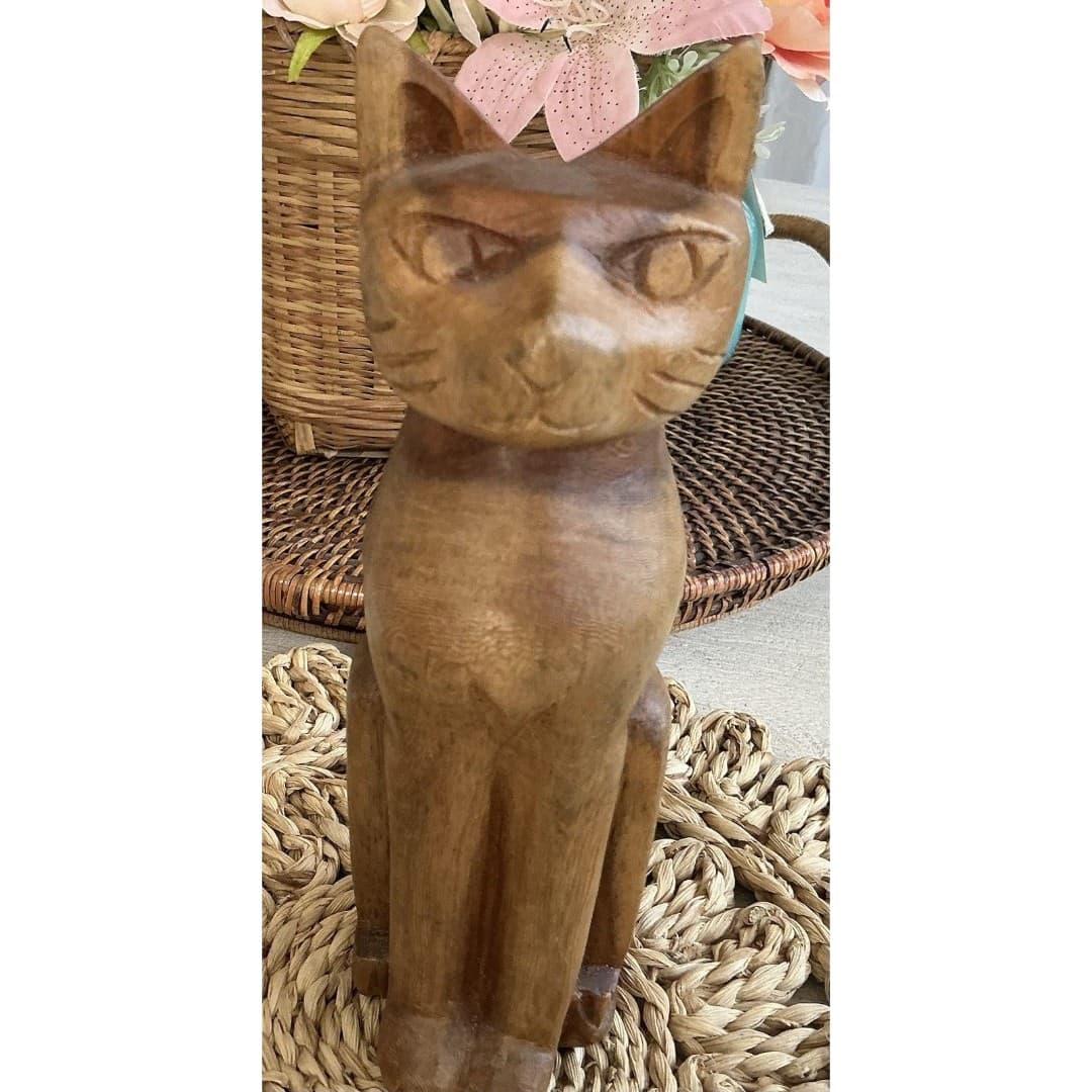 Vintage Wooden Carved Cat Figurine Statuette 9” Hand Carved Jamaica - Thumbnail 2