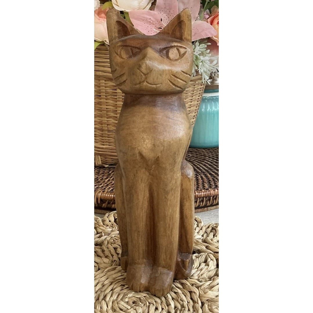 Vintage Wooden Carved Cat Figurine Statuette 9” Hand Carved Jamaica