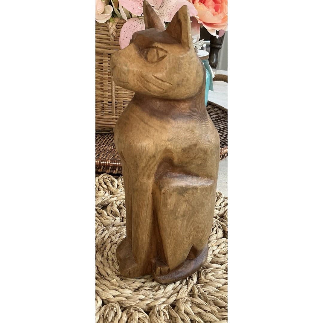 Vintage Wooden Carved Cat Figurine Statuette 9” Hand Carved Jamaica - Thumbnail 3