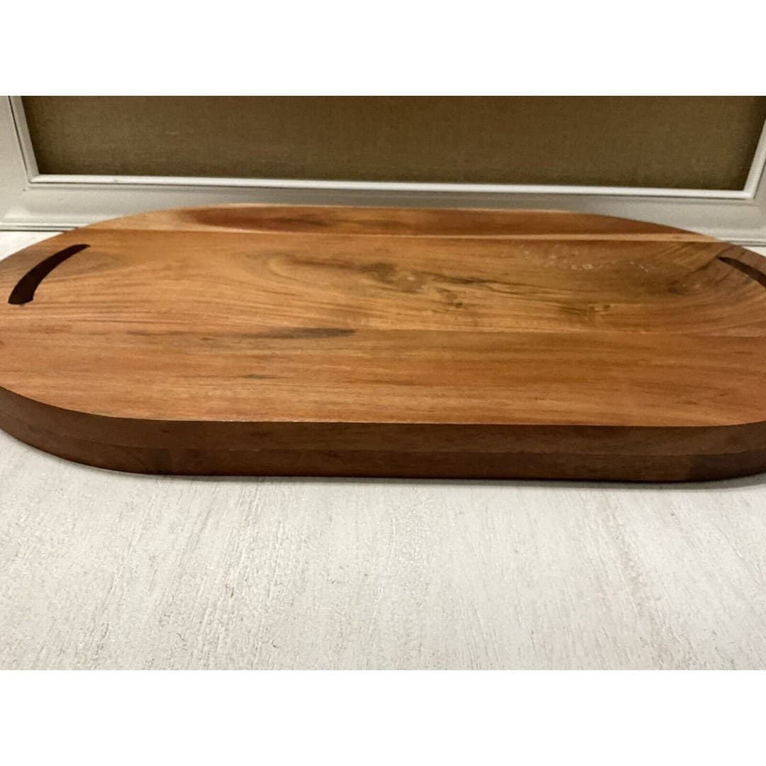 Hand Carved Large 22” Oval Wooden Tray W/ Handles Charcuterie - Thumbnail 7