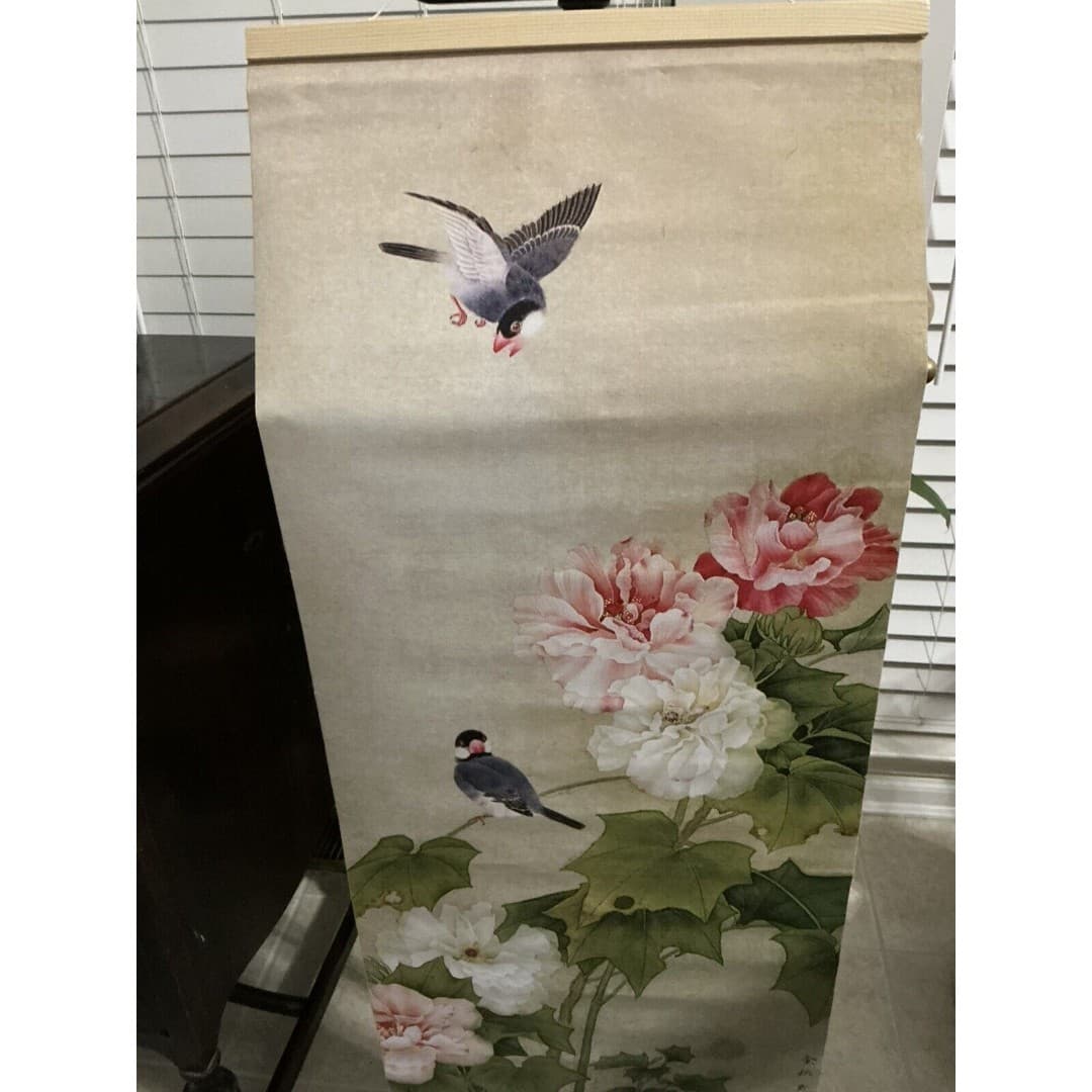Mural Flower Bird Lotus Vinyl Tapestry Painting Fabric Art Hanging Picture 47” - Thumbnail 3