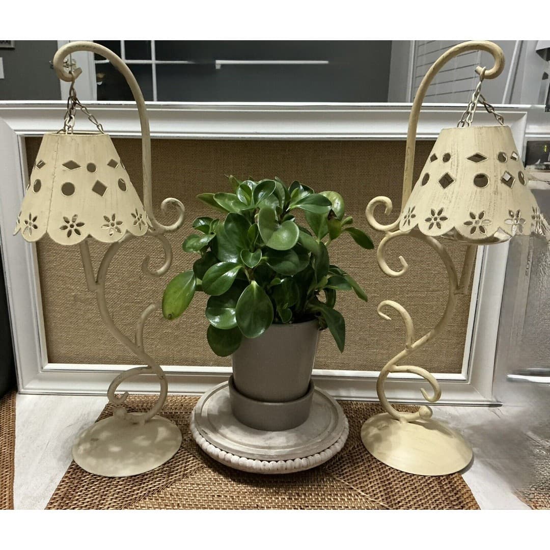 Cottage Candle Holders W/Handing Lamp Shades ~Metal /Cream