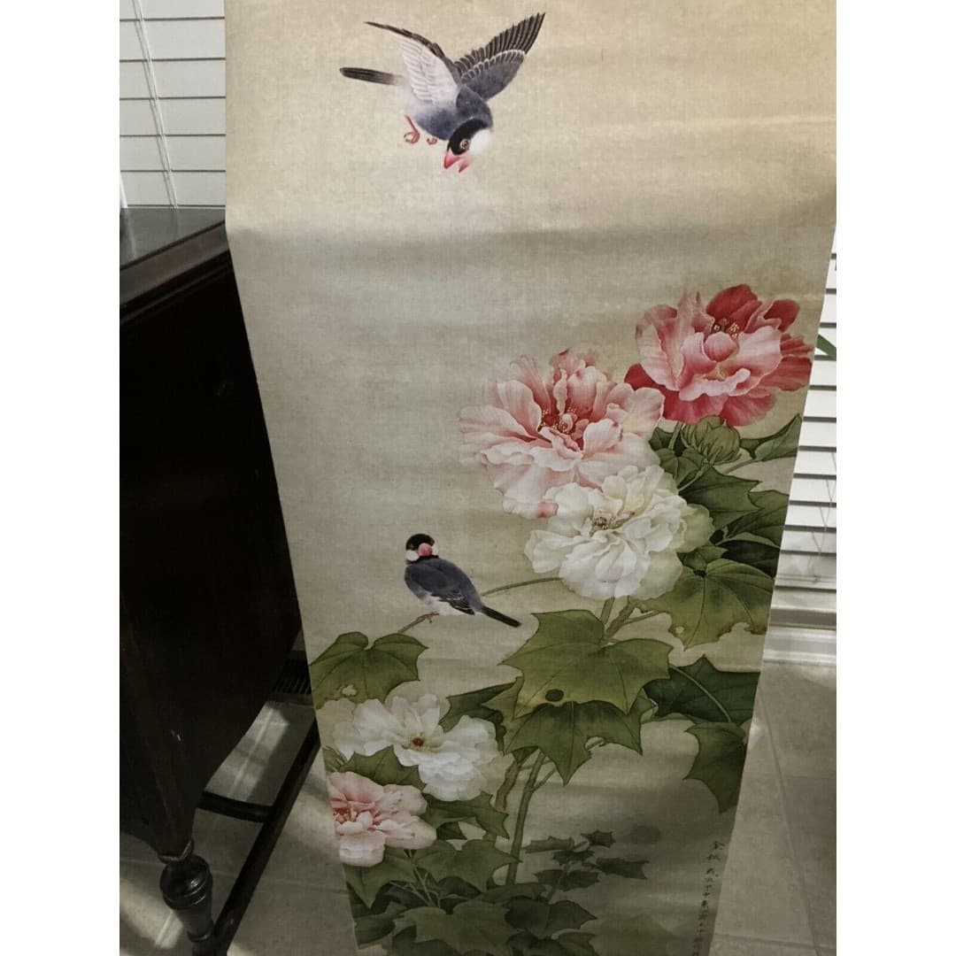 Mural Flower Bird Lotus Vinyl Tapestry Painting Fabric Art Hanging Picture 47” - Thumbnail 4