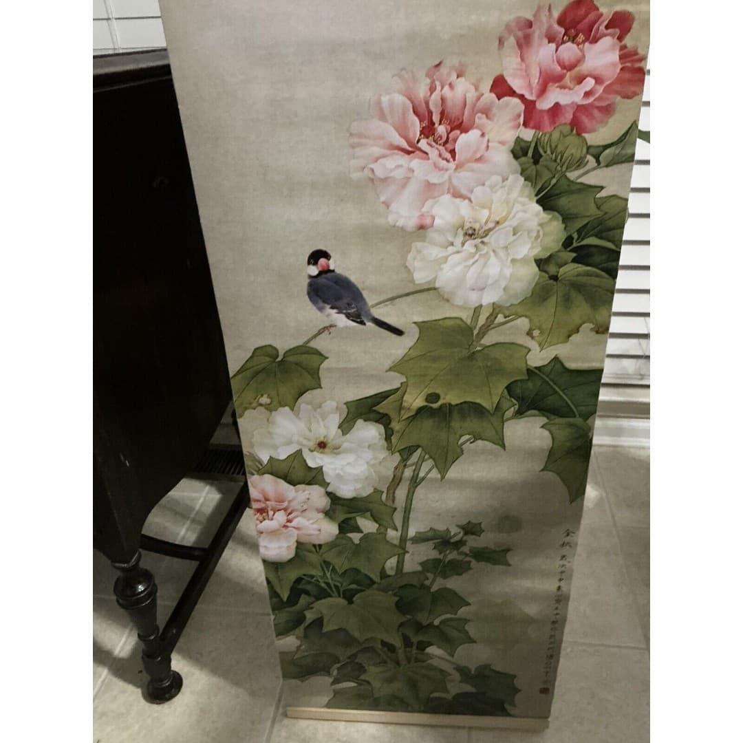 Mural Flower Bird Lotus Vinyl Tapestry Painting Fabric Art Hanging Picture 47” - Thumbnail 5