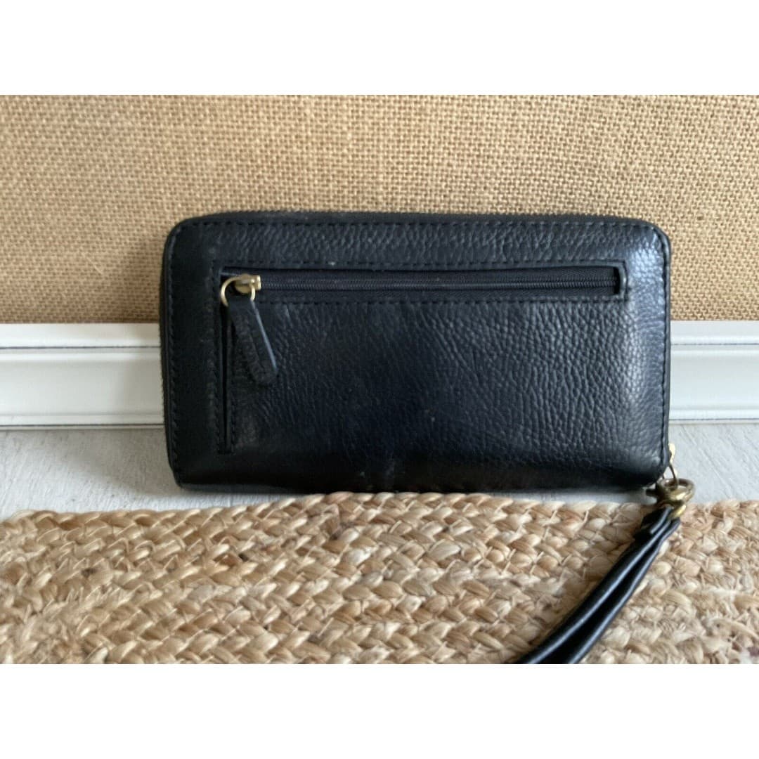 Fossil Leather Wallet Wristlet for Women black gold Zip Around 8" X 4" - Thumbnail 2