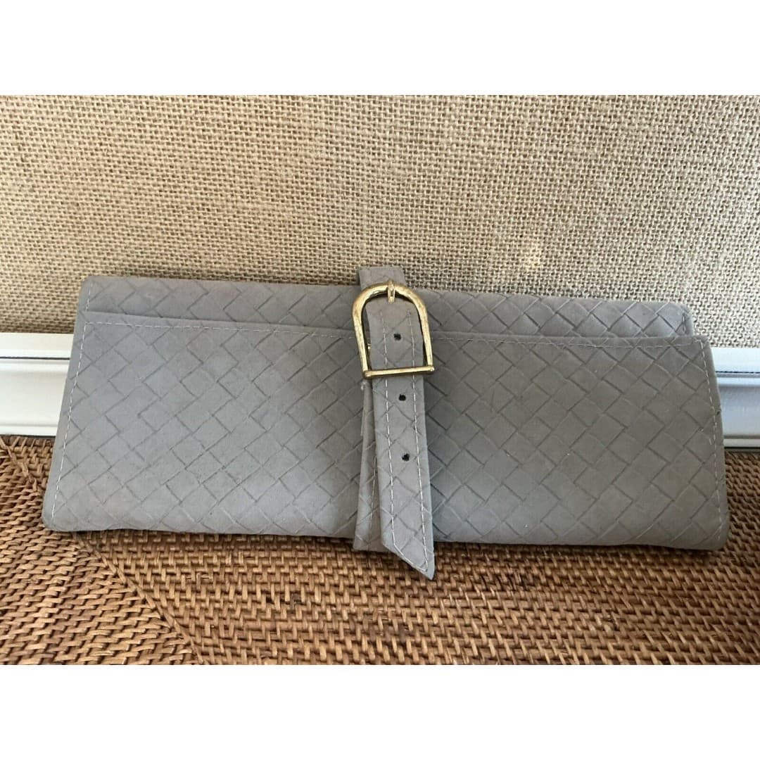 Vtg Leather Gray Travel Jewelry Pouch Roll Bag Italy