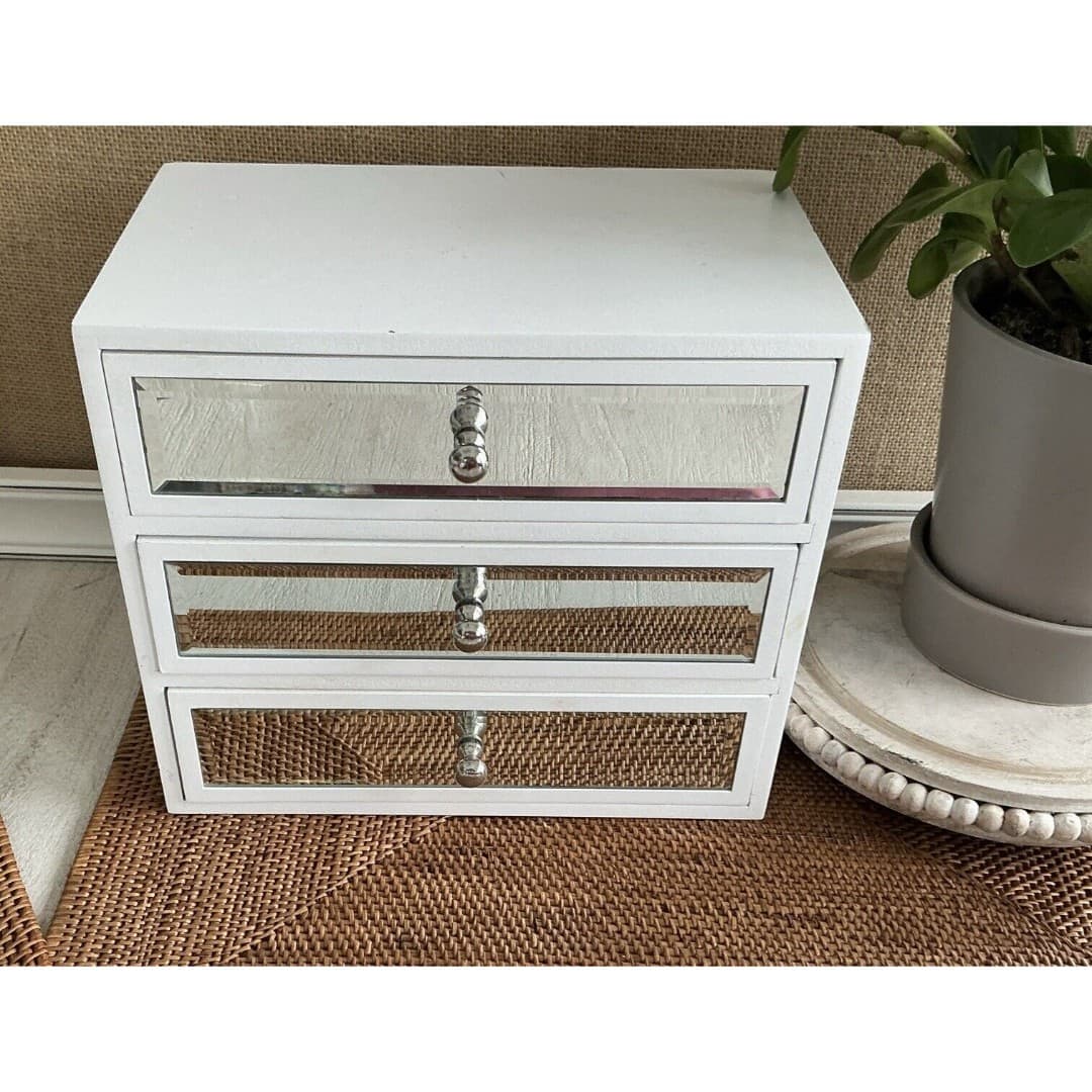 3 Drawer Mirror Glass Jewelry Box White