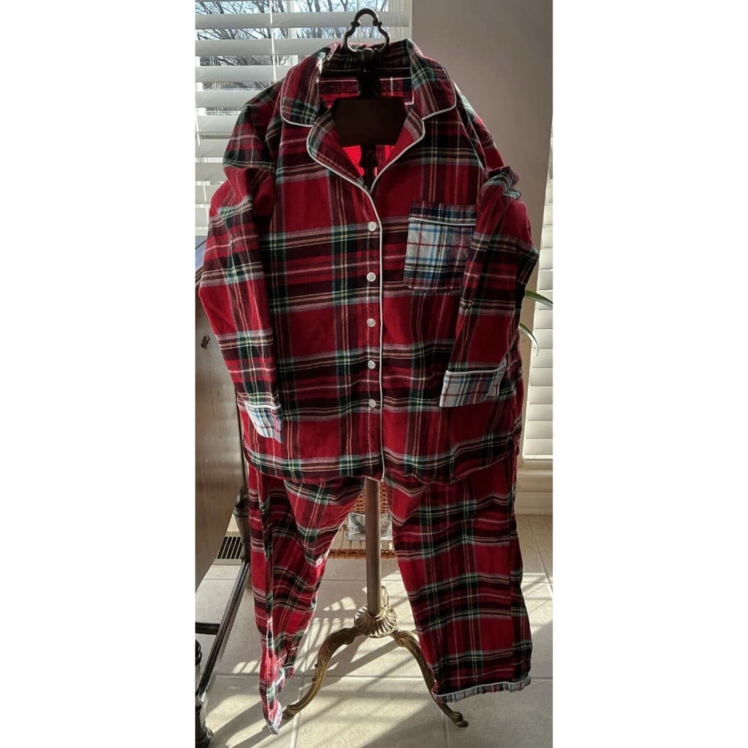 Lands End Women's Sz M Red Black Plaid Cotton Flannel Pajama Pant Shirt Set