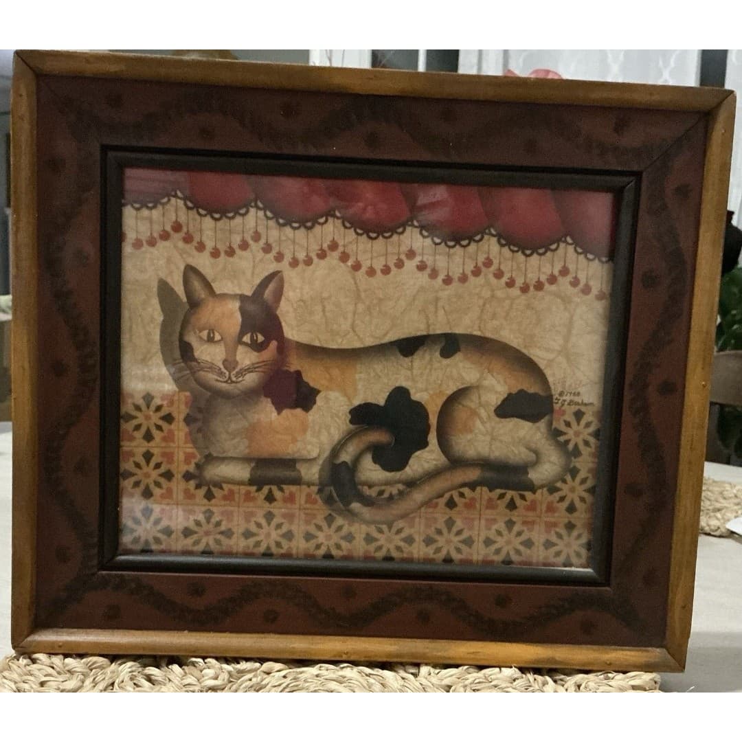 Country Cat Tuxedo Orange tabby Calico Print by T.G Graham 1988 Framed 13 X 11