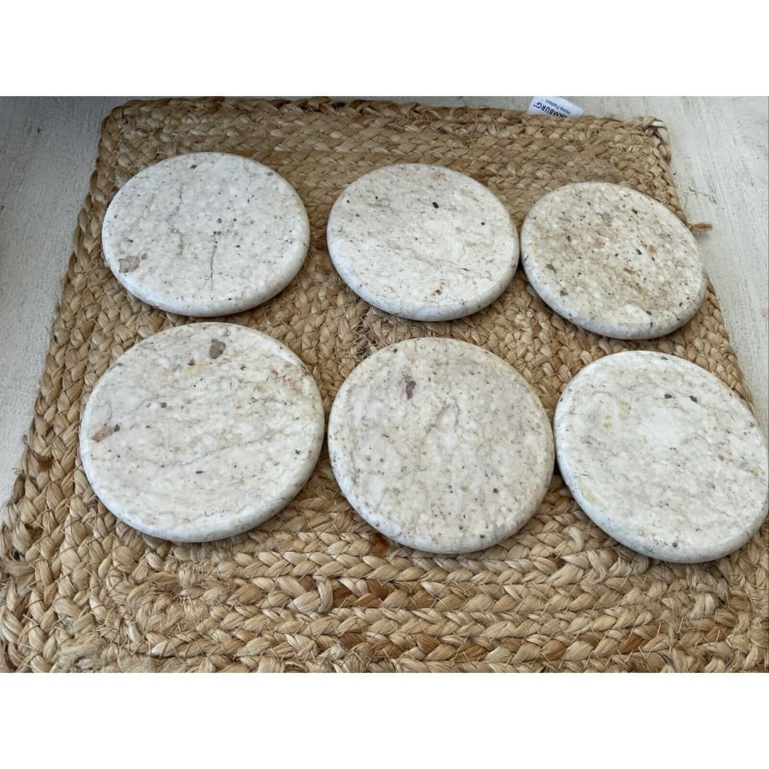 Vintage Set of 6 Beige Marble Stone Coasters Polished Coasters