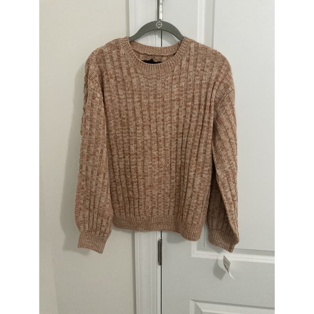 NWT Blank NYC Women’s XSmall Toffee Brown Cream Heather Ribbed Crew Neck Sweater