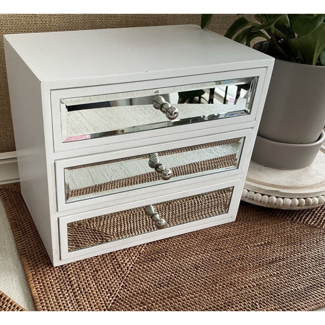 3 Drawer Mirror Glass Jewelry Box White - Thumbnail 2