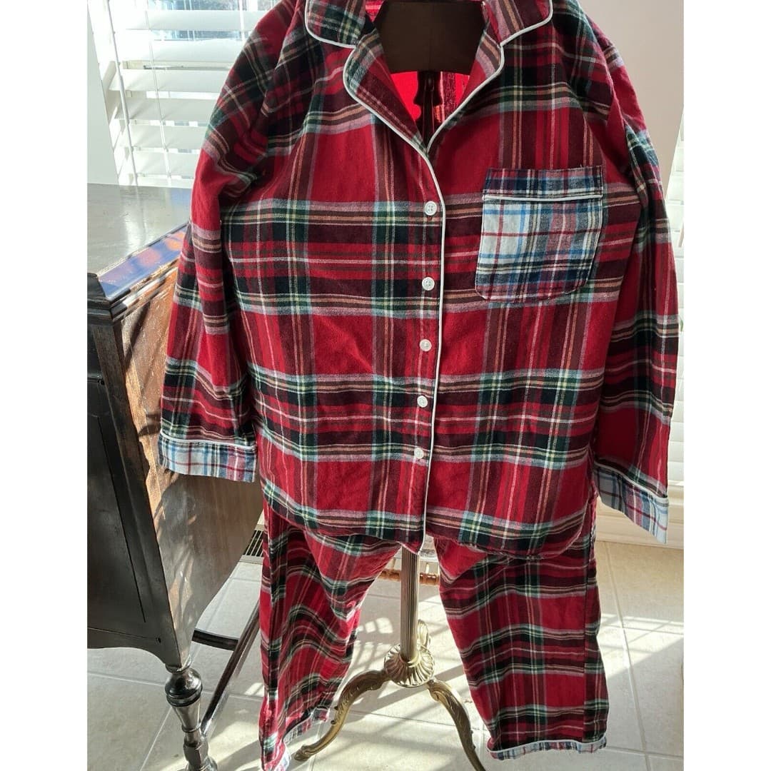 Lands End Women's Sz M Red Black Plaid Cotton Flannel Pajama Pant Shirt Set - Thumbnail 2