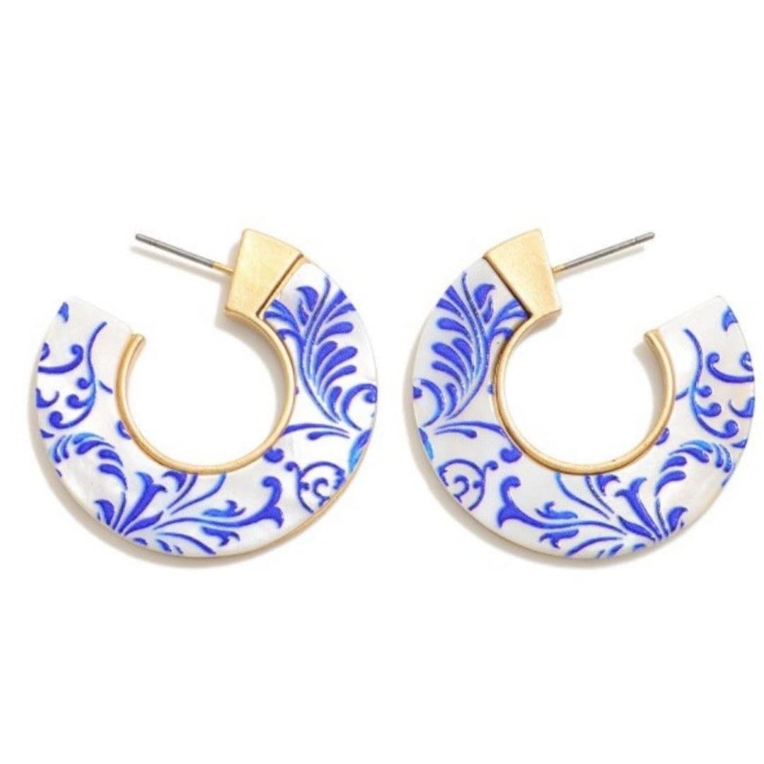 Blue White Pearlescent Chinoiserie Gold Tone Metal Back Hoop Earrings - Thumbnail 7