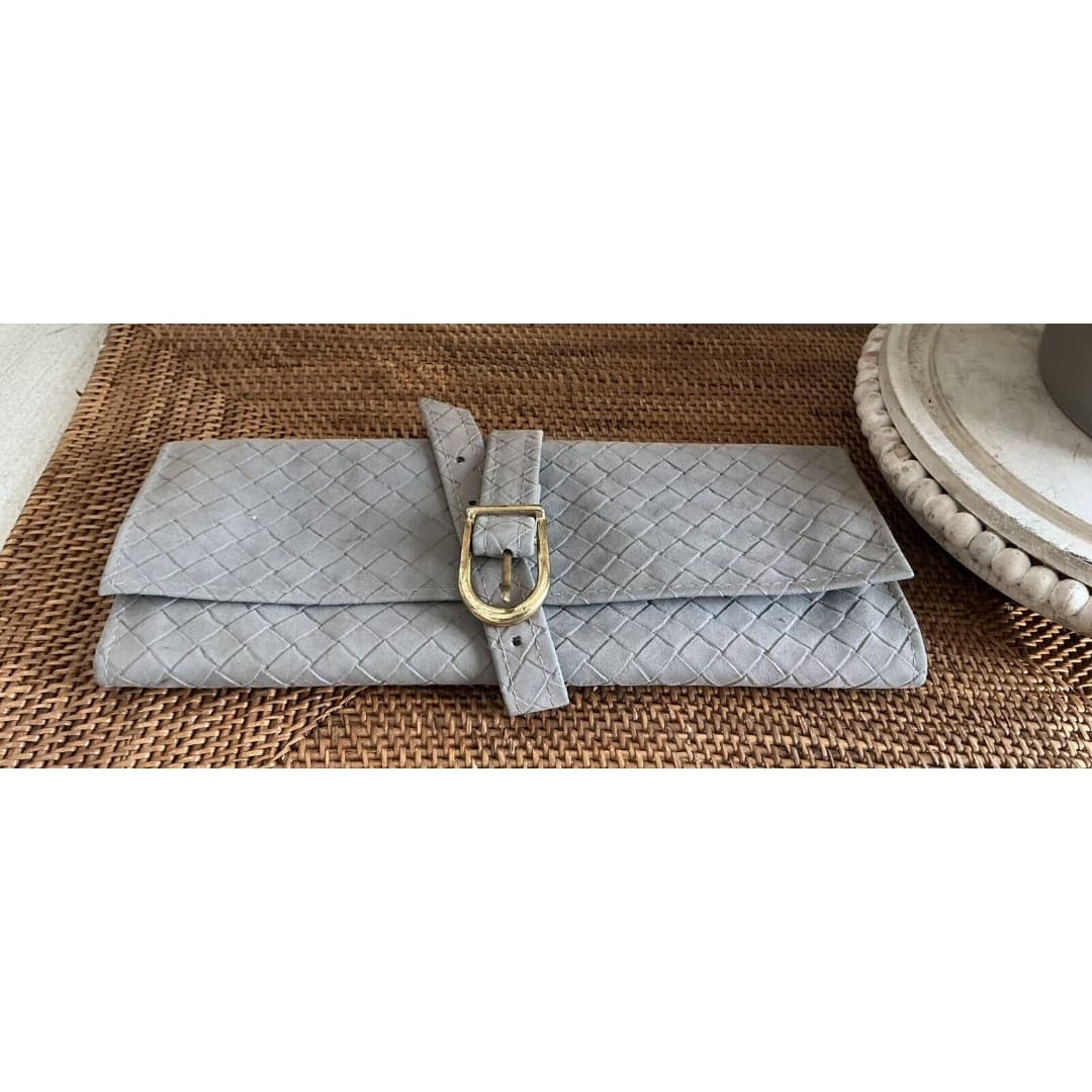 Vtg Leather Gray Travel Jewelry Pouch Roll Bag Italy - Thumbnail 5