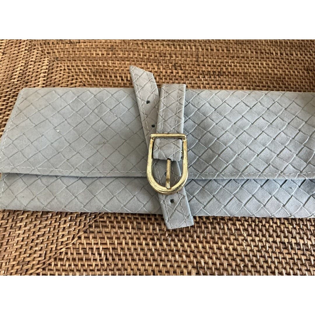 Vtg Leather Gray Travel Jewelry Pouch Roll Bag Italy - Thumbnail 7
