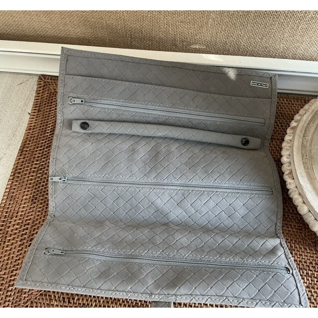 Vtg Leather Gray Travel Jewelry Pouch Roll Bag Italy - Thumbnail 4