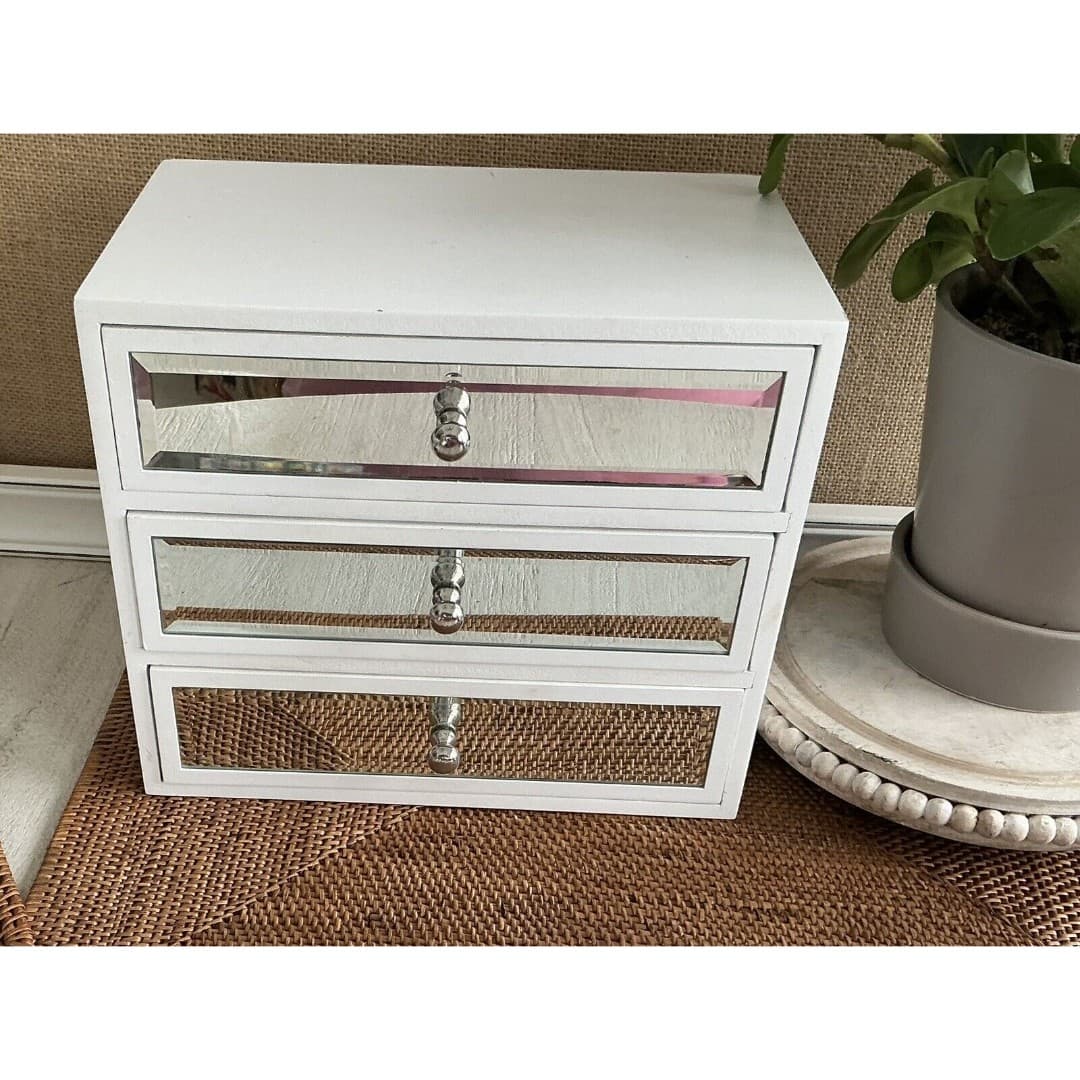 3 Drawer Mirror Glass Jewelry Box White - Thumbnail 3