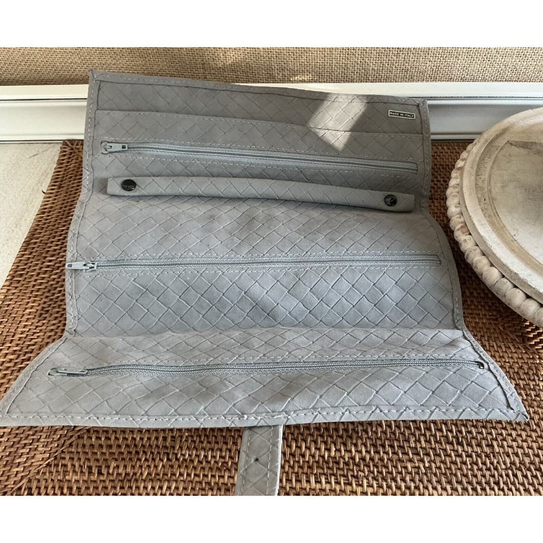 Vtg Leather Gray Travel Jewelry Pouch Roll Bag Italy - Thumbnail 3
