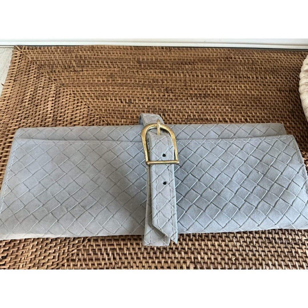 Vtg Leather Gray Travel Jewelry Pouch Roll Bag Italy - Thumbnail 9
