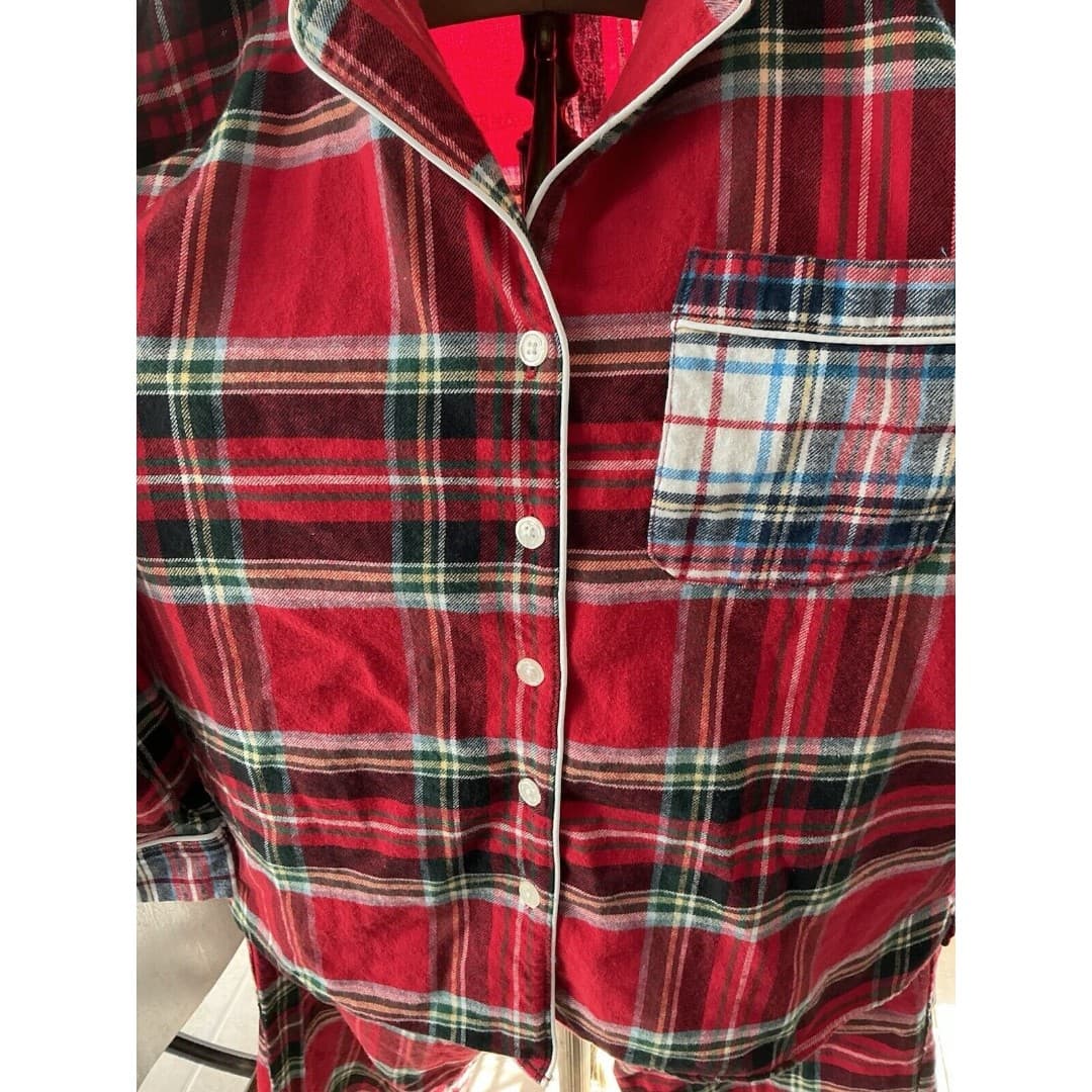 Lands End Women's Sz M Red Black Plaid Cotton Flannel Pajama Pant Shirt Set - Thumbnail 4