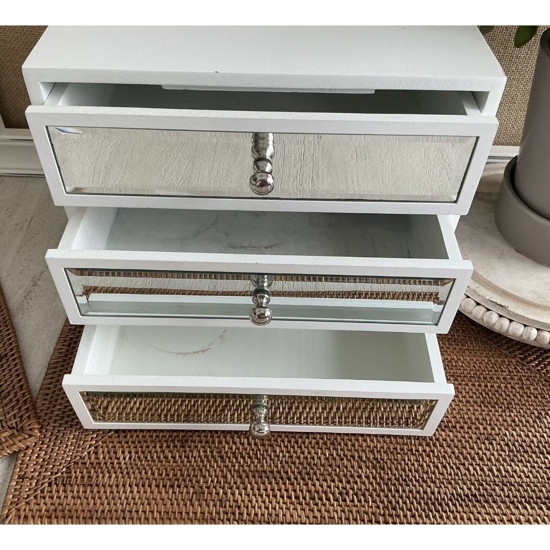 3 Drawer Mirror Glass Jewelry Box White - Thumbnail 4