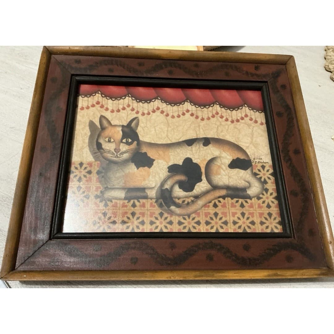 Country Cat Tuxedo Orange tabby Calico Print by T.G Graham 1988 Framed 13 X 11 - Thumbnail 2