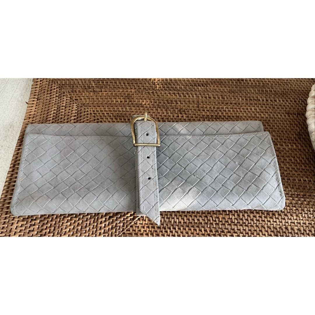 Vtg Leather Gray Travel Jewelry Pouch Roll Bag Italy - Thumbnail 2
