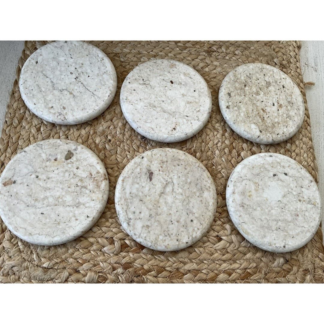Vintage Set of 6 Beige Marble Stone Coasters Polished Coasters - Thumbnail 3