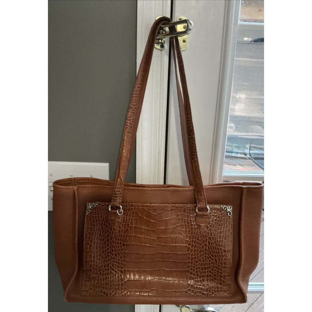 Vintage Brighton Leather Tote Large Cognac Softside Handbag Silver Accents