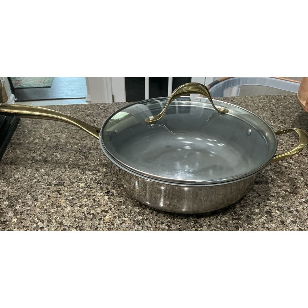 Chrissy Teigen Stainless Steel 12” Saucepan Skillet W/Lid Gold Handles