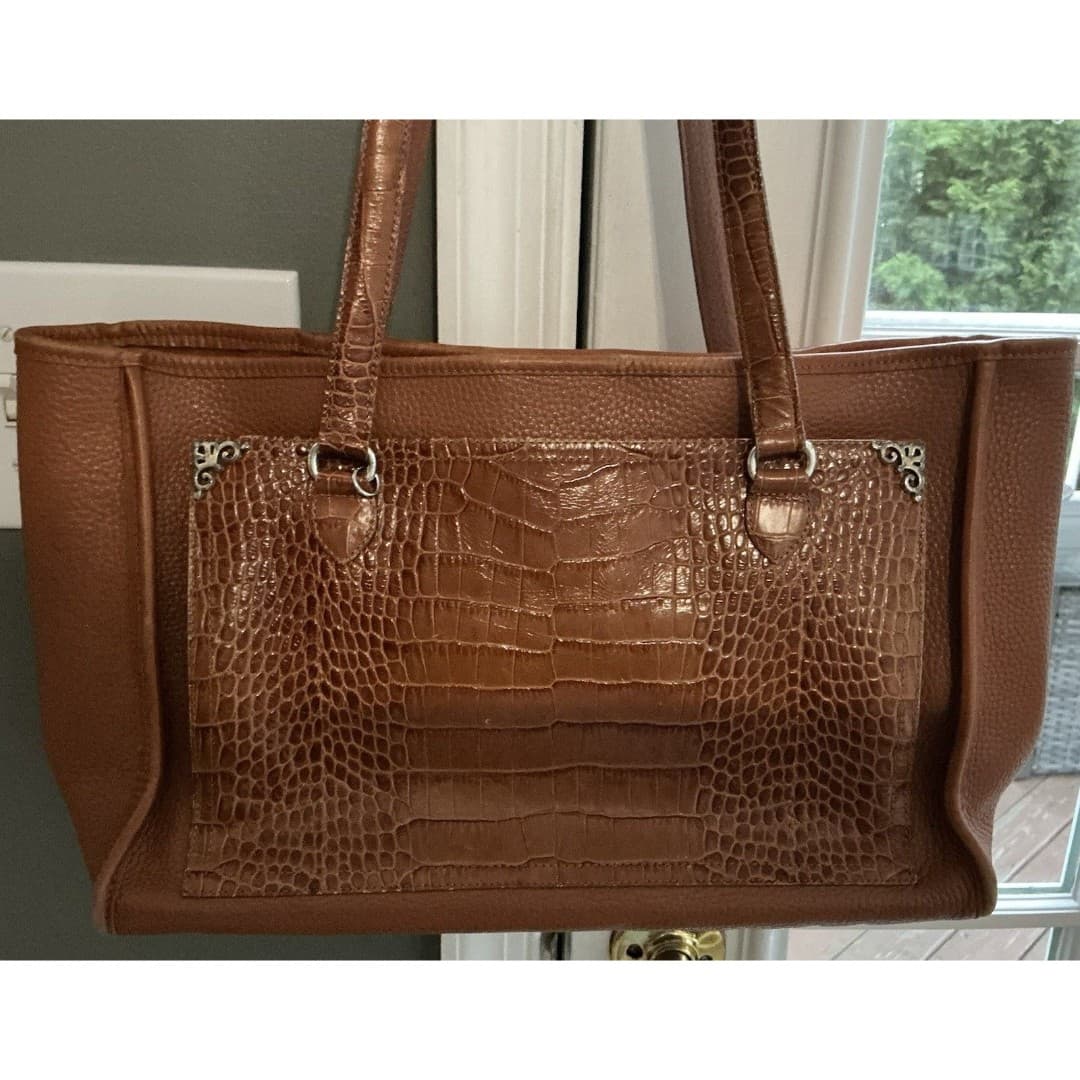 Vintage Brighton Leather Tote Large Cognac Softside Handbag Silver Accents - Thumbnail 2
