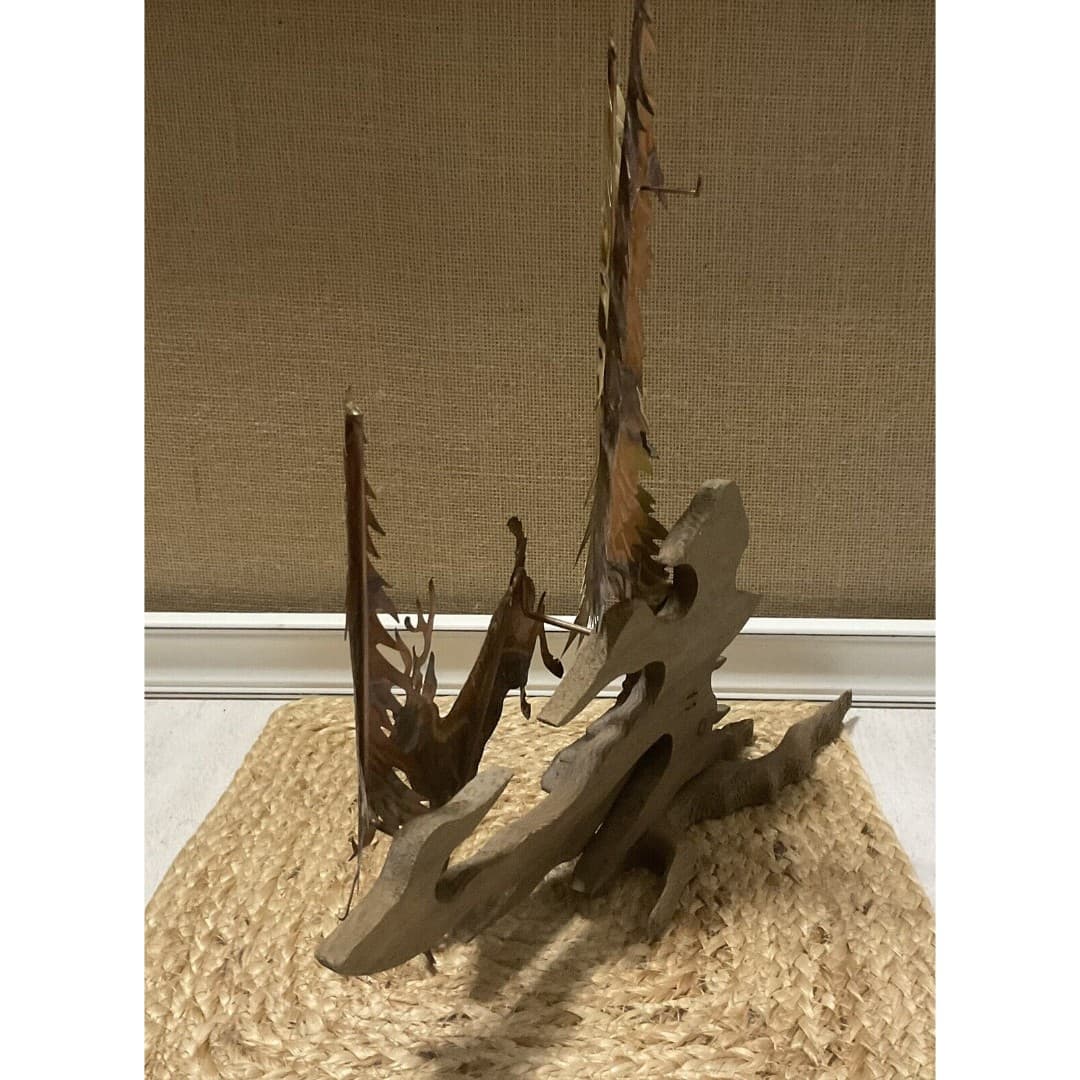 Brass Copper Deer Buck Sculpture Trees Wood Metal Rustic Cabin Wall Table 15x14” - Thumbnail 2