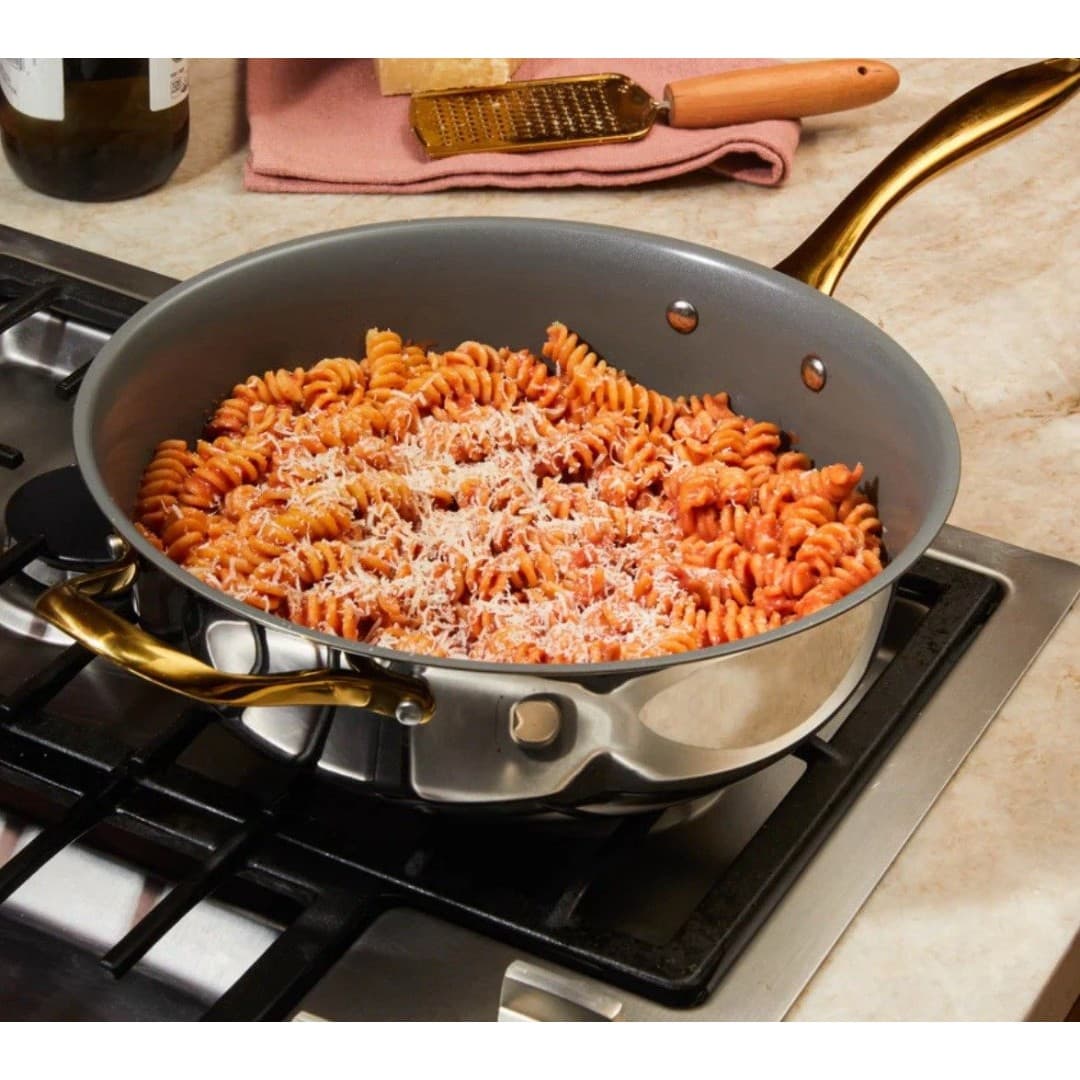 Chrissy Teigen Stainless Steel 12” Saucepan Skillet W/Lid Gold Handles - Thumbnail 2