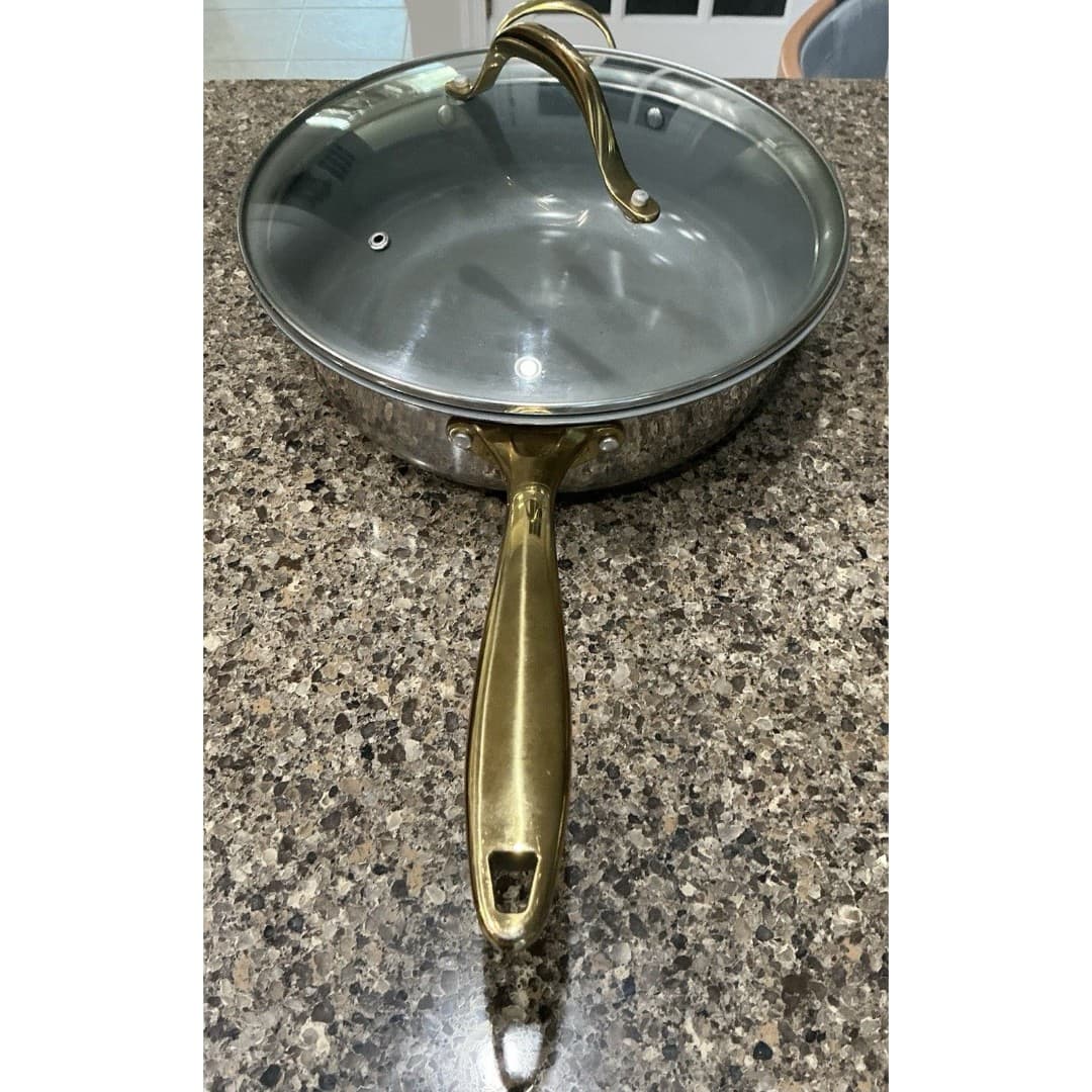 Chrissy Teigen Stainless Steel 12” Saucepan Skillet W/Lid Gold Handles - Thumbnail 3