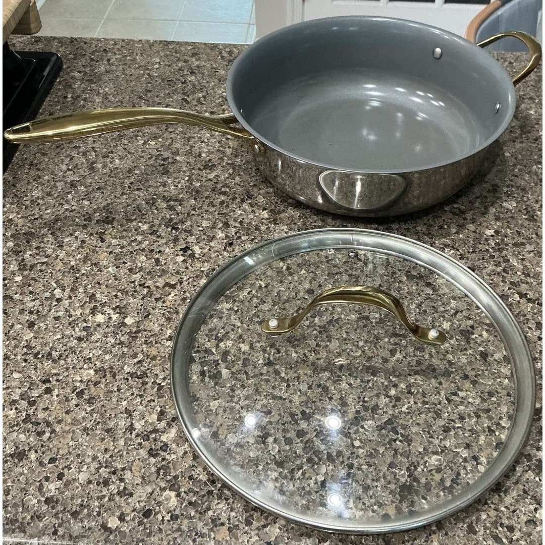 Chrissy Teigen Stainless Steel 12” Saucepan Skillet W/Lid Gold Handles - Thumbnail 5
